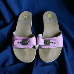 Dr. Scholl's Pink Wooden Sandals with Silver Buckle